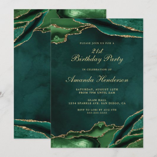 Smaragdgroene en gouden agaat marmeren uitnodiging (Voorkant / Achterkant)