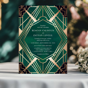Smaragdgroene en gouden Art Deco-huwelijk Kaart