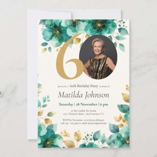 Smaragdgroene en gouden bloemen 60e verjaardag kaart (Voorkant)