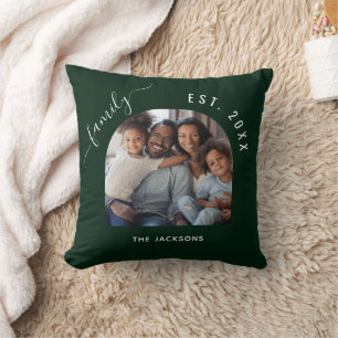Smaragdgroene familiefoto naam jaar kussen