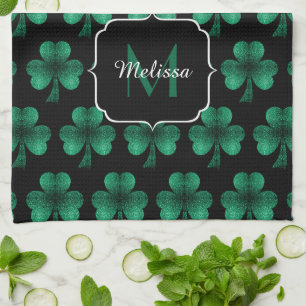 Smaragdgroene Glitter Klaver zwarte Monogram Theedoek