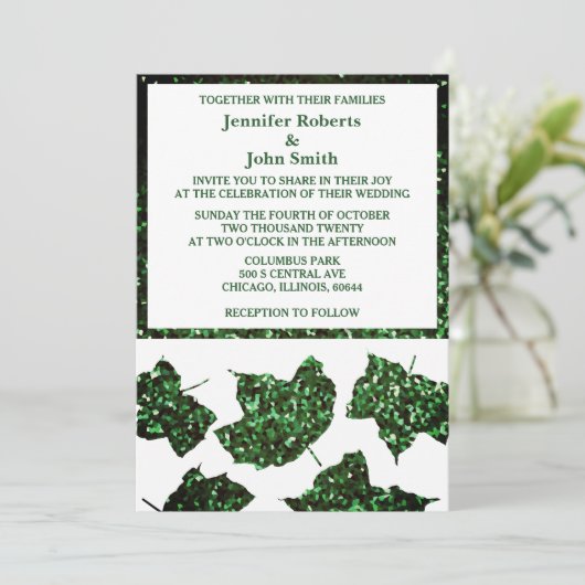 Smaragdgroene glitter val bladeren elegante bruilo kaart (Staand voorkant)