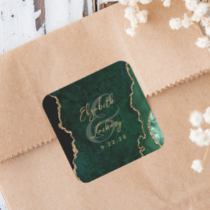 Smaragdgroene Gouden Agaat Script Bruiloft Vierkante Sticker