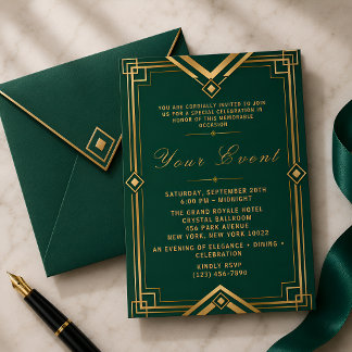 Smaragdgroene Gouden Art Deco Luxe Galafeest Kaart