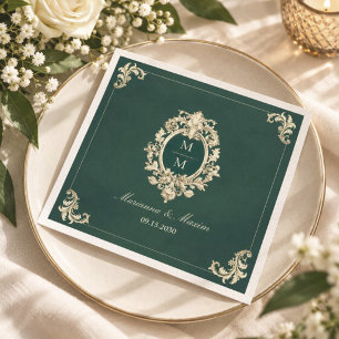 Smaragdgroene Gouden Barok Monogram Bruiloft Servet
