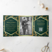 Smaragdgroene Gouden Bloeiende Foto QR Code Huweli Drieluik Uitnodiging (Binnen)