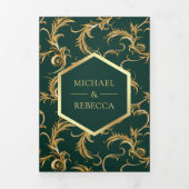 Smaragdgroene Gouden Bloeiende Foto QR Code Huweli Drieluik Uitnodiging (Cover)