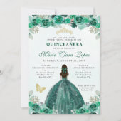 Smaragdgroene Gouden Bloemige Prinses Quinceañera Kaart (Voorkant)