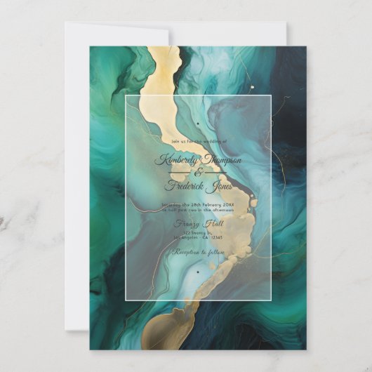 Smaragdgroene, gouden en zwarte inkt bruiloft kaart (Voorkant)