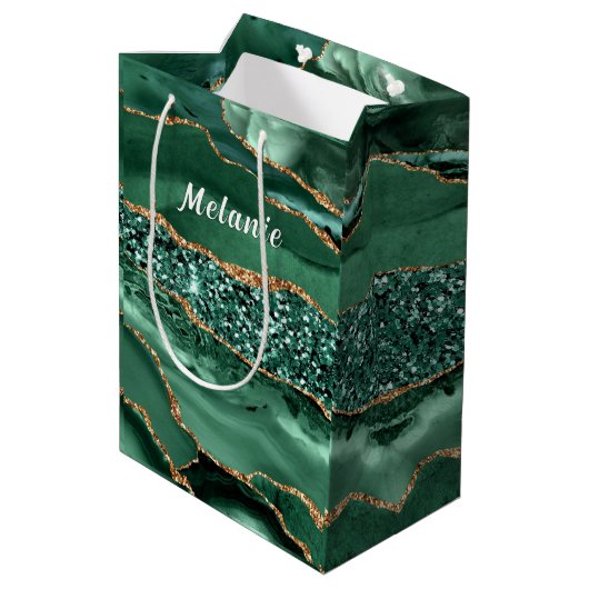 Smaragdgroene gouden glitters geschenkzak Aangepas Medium Cadeauzakje (Achterkant Gekanteld)