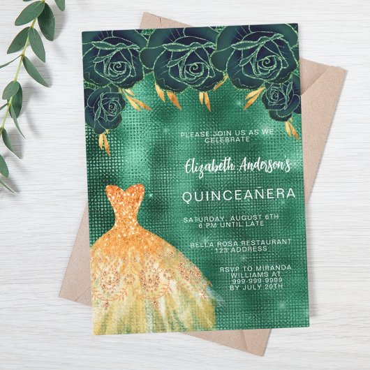 Smaragdgroene gouden jurk bloemenluxe Quinceanera Kaart