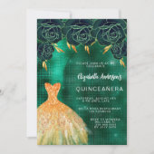 Smaragdgroene gouden jurk bloemenluxe Quinceanera Kaart (Voorkant)