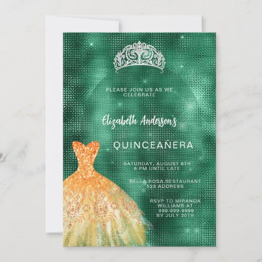 Smaragdgroene gouden jurk tiara Quinceanera Kaart (Voorkant)