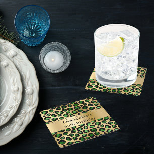 Smaragdgroene gouden luipaard verjaardag vierkante kartonnen onderzetter