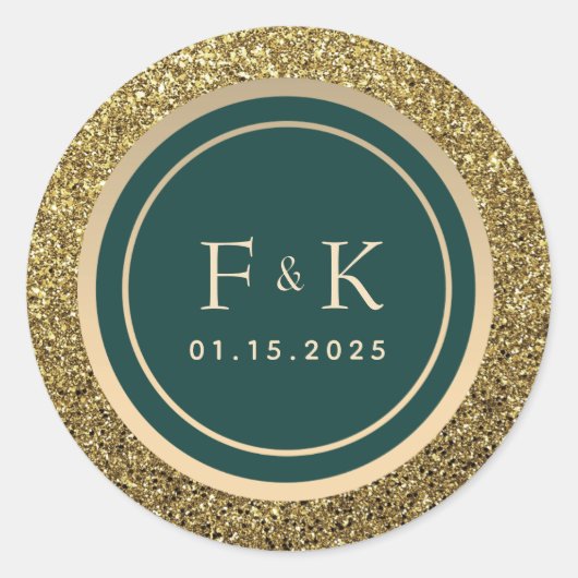 Smaragdgroene gouden monogram trouwdag ronde sticker (Voorkant)