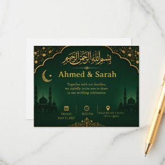 Smaragdgroene & Gouden Nikah Uitnodigingskaart Informatiekaartje