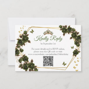 Smaragdgroene Gouden Rozen Vlinder Quinceañera RSVP Kaartje