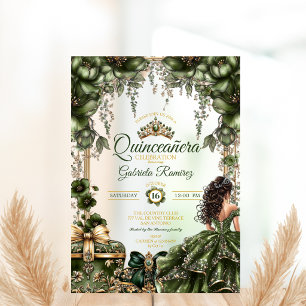 Smaragdgroene Gouden Tiara Bloemige Quinceañera Acryl Uitnodigingen