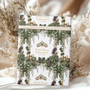 Smaragdgroene Gouden Tiara Bloemrijke Quinceañera Cadeaupapier