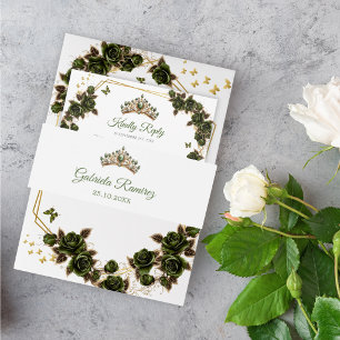 Smaragdgroene Gouden Tiara Quinceañera Uitnodigingen Wikkel