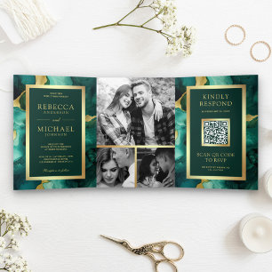 Smaragdgroene Gouden Vloeibare Inkt QR Code Bruilo Drieluik Uitnodiging