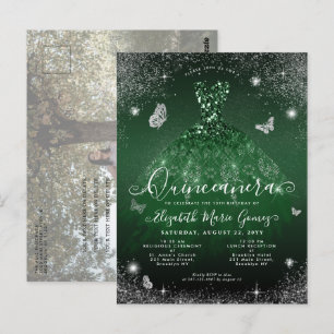 Smaragdgroene jurk zilveren foto quinceanera briefkaart