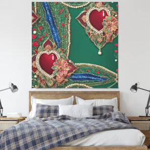 Smaragdgroene kant en rode harten AI-kunst Canvas Afdruk