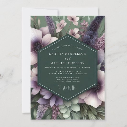 Smaragdgroene Mauve Kunstzinnige Flora Bruiloft Kaart (Voorkant)