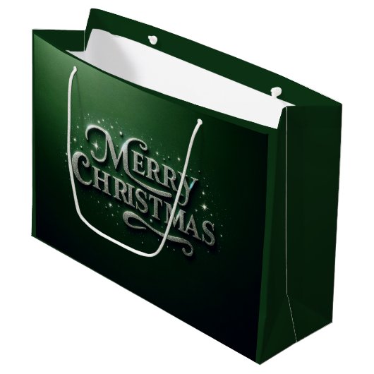 Smaragdgroene "Merry Christmas" geschenktas Groot Cadeauzakje (Voorkant Gekanteld)