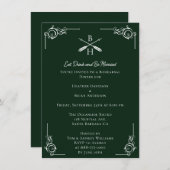 Smaragdgroene monogrammen & pijlen repetitie diner kaart (Voorkant / Achterkant)