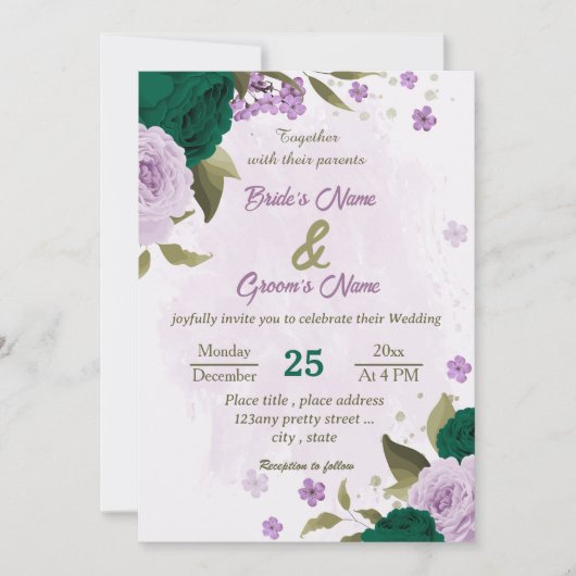 Smaragdgroene paarse bloemen botanische bruiloft kaart (Voorkant)