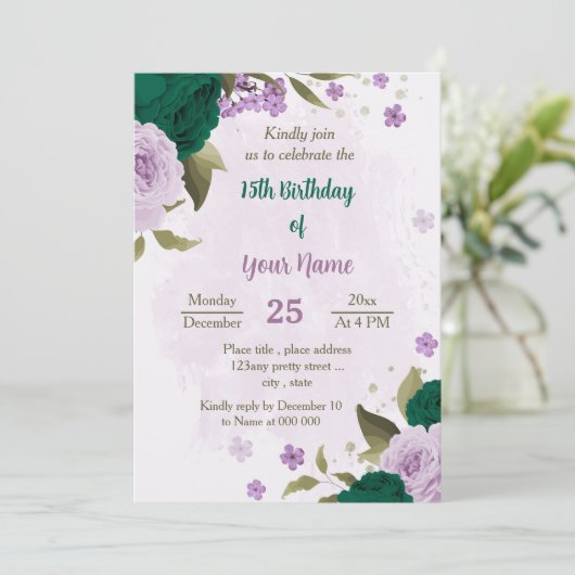 smaragdgroene paarse bloemen verjaardag kaart (Staand voorkant)