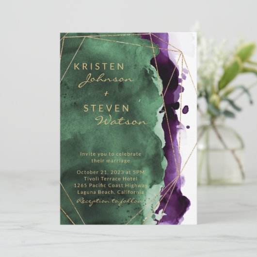 Smaragdgroene & Pruimpaarse Trouw Uitnodiging (Staand voorkant)
