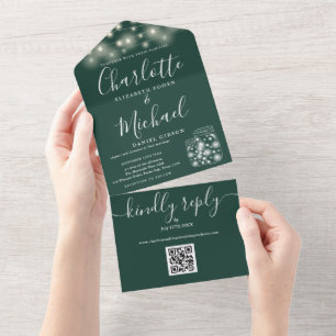 Smaragdgroene QR-code Mason Jars Slingerlichten Br All In One Uitnodiging