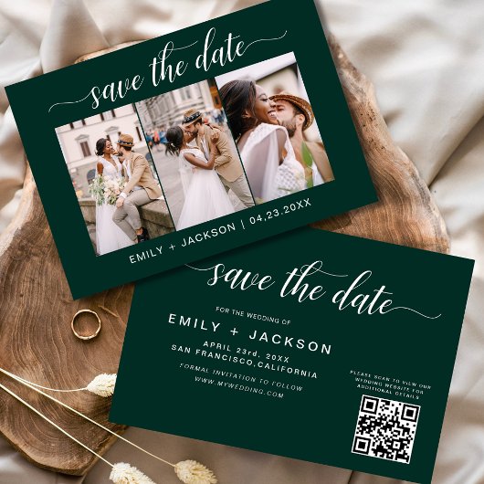 Smaragdgroene QR-code - Sla de datum op 3 Foto Save The Date