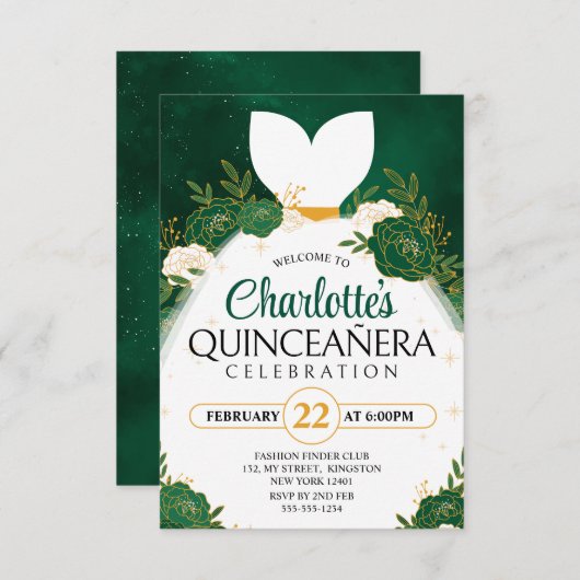 Smaragdgroene Quinceañera﻿ Witte Prinsessenjurk Kaart (Voorkant / Achterkant)