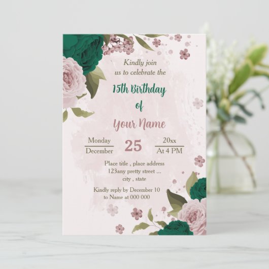 Smaragdgroene roze bloemen botanische verjaardag kaart (Staand voorkant)