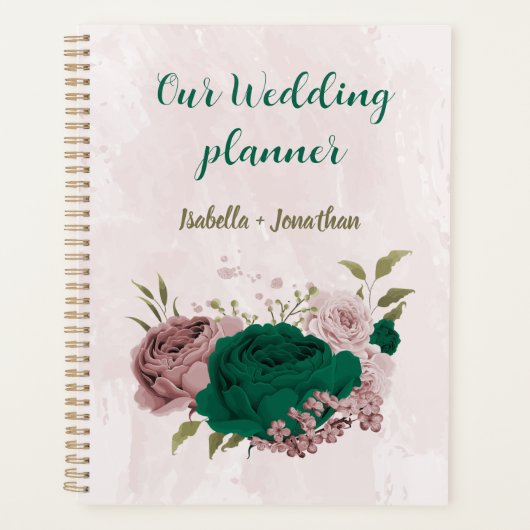 smaragdgroene roze bloemen bruiloft planner (Voorkant)