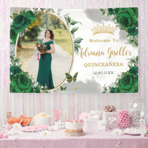 Smaragdgroene Rozen Bloemen Quinceañera Foto Spandoek