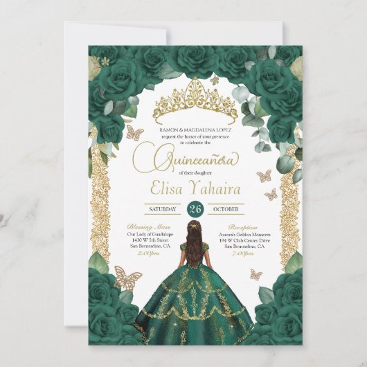 Smaragdgroene Rozen & Gouden Vlinder Quinceanera Kaart (Voorkant)