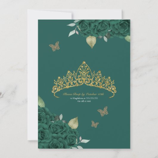 Smaragdgroene Rozen & Gouden Vlinder Quinceanera Kaart (Achterkant)