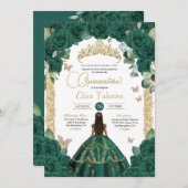 Smaragdgroene Rozen & Gouden Vlinder Quinceanera Kaart (Voorkant / Achterkant)