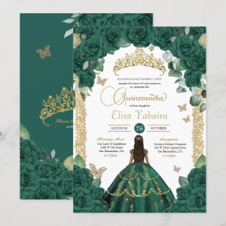 Smaragdgroene Rozen & Gouden Vlinder Quinceanera Kaart