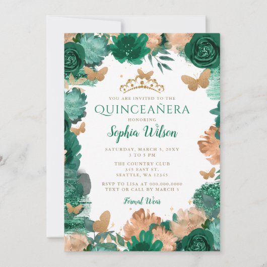Smaragdgroene Rozen gouden vlinders quinceañera Kaart (Voorkant)
