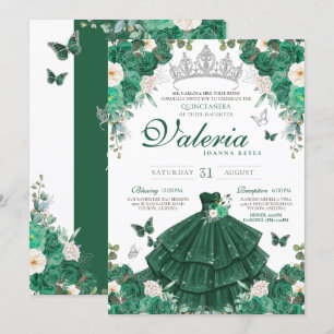 Smaragdgroene Rozen & Zilveren Vlinder Quinceanera Kaart