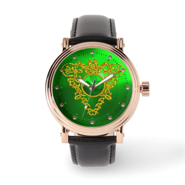SMARAGDGROENE SHAMROCK EN KELTISCHE HARTGOUDEN KNO HORLOGE (Voorkant)
