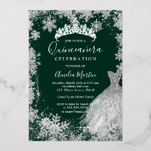 Smaragdgroene Sneeuwvlok Winter Quinceanera Folie Uitnodiging