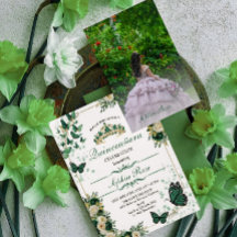 Smaragdgroene Vlinder Quinceañera Foto Uitnodiging