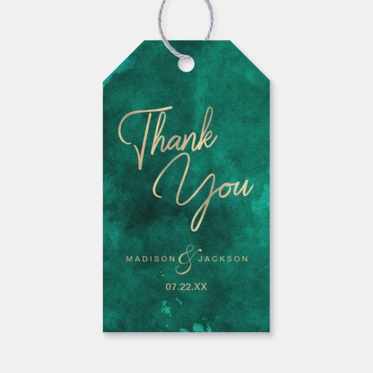 Smaragdgroene Waterverf & gouden bruiloft dank u Cadeaulabel (Achterkant)