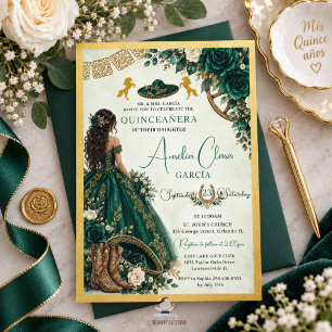 Smaragdgroene Witte Bloemrijke Charro Quinceanera Kaart